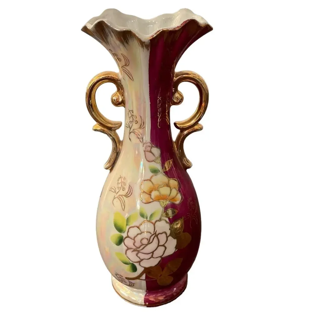 Vintage Iridescent Luster Ware Vase Gold Handles Pearl MCM Gilded Bud Japan READ